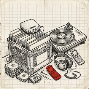 Crate of records with a portable CD player, turntable, and flip phone drawn on graph paper