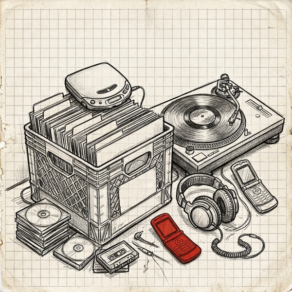 Crate of records with a portable CD player, turntable, and flip phone drawn on graph paper