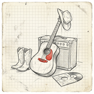 Cowboy boots next to guitar and amp and record drawn on paper