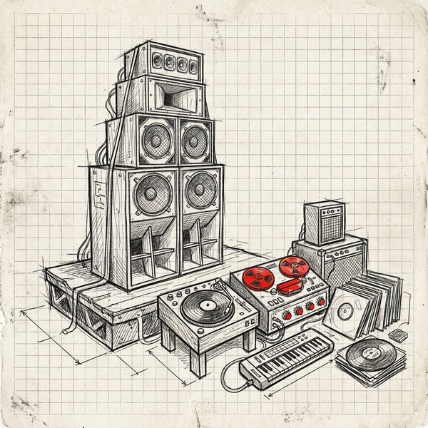 Reggae soundsystem speaker tower with turntable, reel-to-reel, melodica, and vinyl records on graph paper