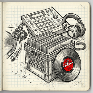 best 90s hip hop vinyl guide: sketchbook drawing of a vinyl record with a milk crate of records, drum sampler and headphones, the GOOD TASTE Records 90s hip-hop guide emblem