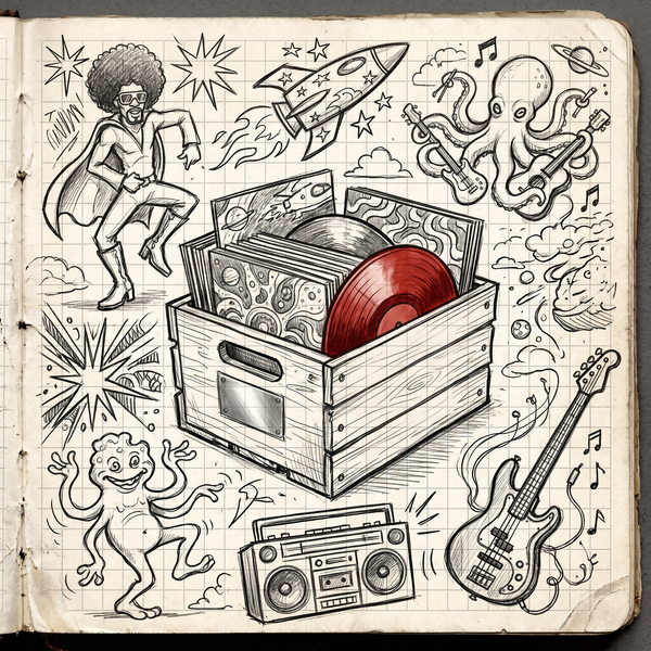 Funk records with cosmic imagery, bass guitars, and boom boxes