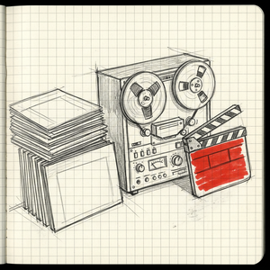 Stack of library records beside a reel-to-reel machine and film clapper board
