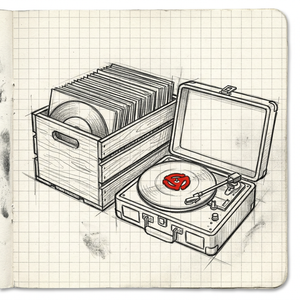 Portable record player with a stack of soul 45rpm 7 inch records and a red 45 adapter, drawn in a sketchpad