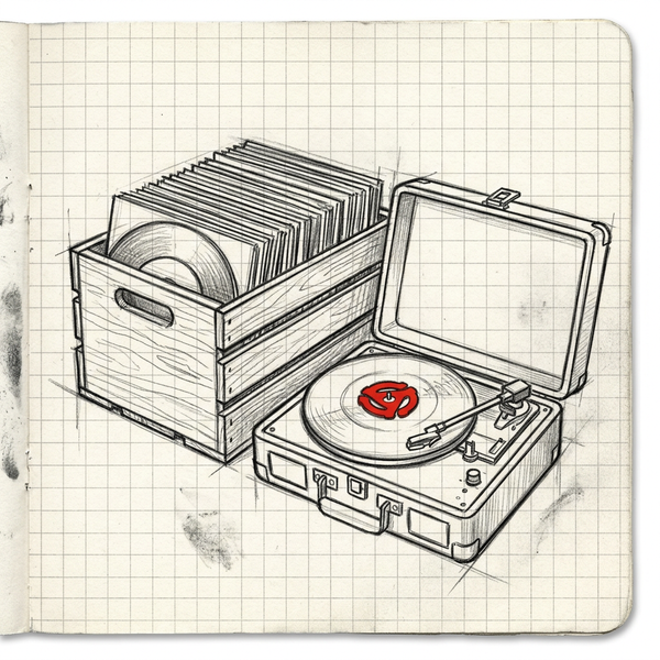 Portable record player with a stack of soul 45rpm 7 inch records and a red 45 adapter, drawn in a sketchpad