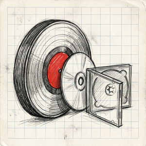 Pencil sketch of a heavyweight vinyl LP, a compact disc, and an open jewel case stacked on grid-lined paper, with one disc accented in red.