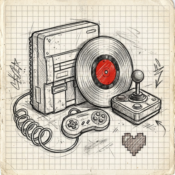 video game soundtracks on vinyl guide: sketchbook drawing of a vinyl record with a retro console and controller, the GOOD TASTE Records video game soundtracks guide emblem