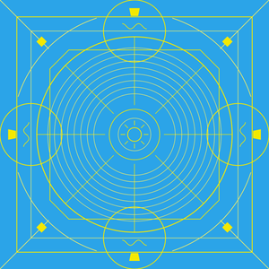 Essential city pop vinyl guide: a record drawn as yellow line grooves with a sun label on sky blue, the GOOD TASTE Records city pop guide emblem