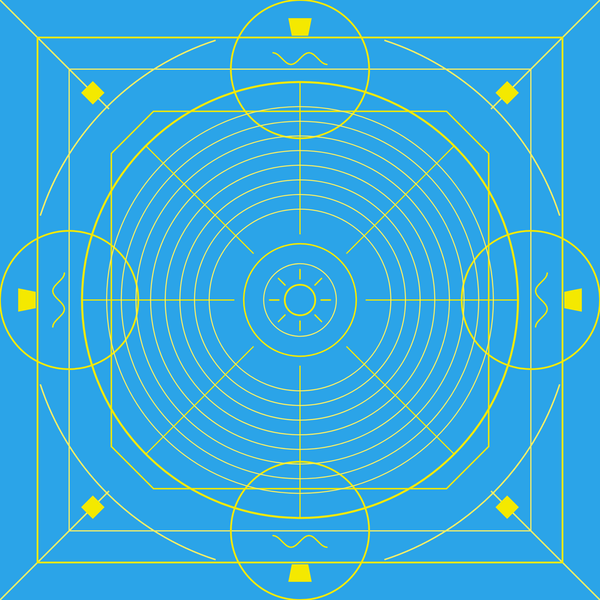 Essential city pop vinyl guide: a record drawn as yellow line grooves with a sun label on sky blue, the GOOD TASTE Records city pop guide emblem
