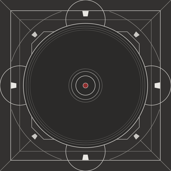 Essential trip hop vinyl guide: a vinyl record drawn in silver line art on charcoal with a red spindle, the GOOD TASTE Records Bristol sound guide emblem